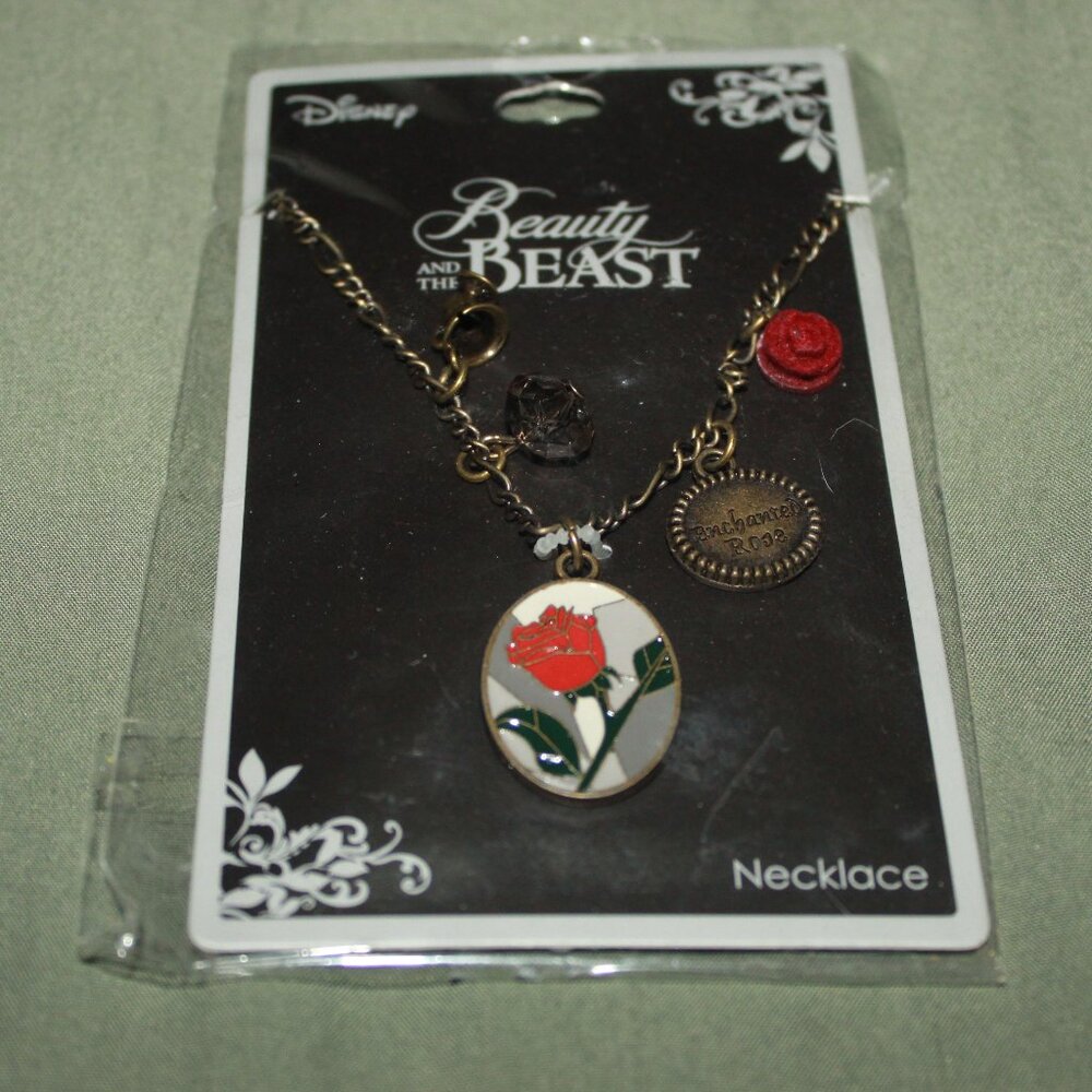 NWT Disney Women's Beauty & the Beast Enchanted Rose Multi Charm Necklace